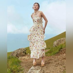 EDDY Emma Tiered Dress in Floral Butterfly Alabaster Print Medium NWT